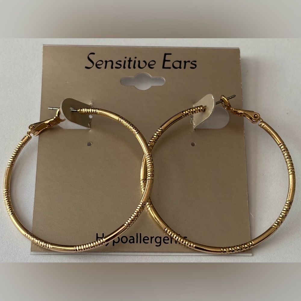 New Sensitive Ears Gold Textured Hoop Earrings